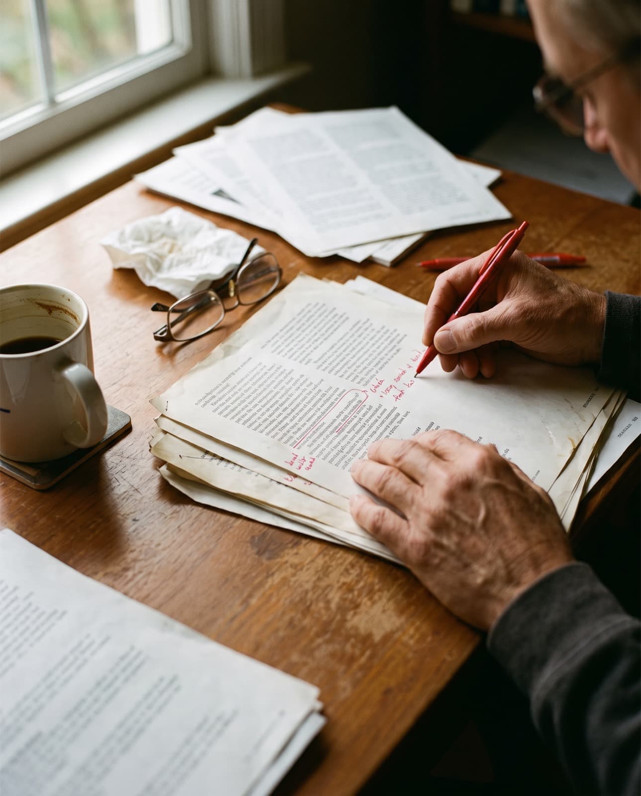 An editor marking up a printed draft with a red pen.