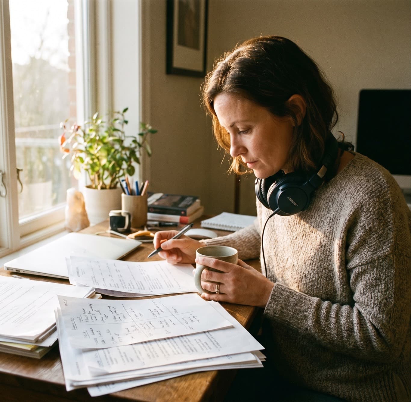 An editor at a desk reading a printed publishing schedule.